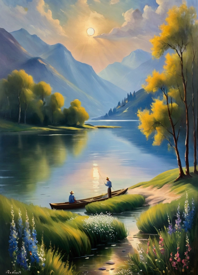 traditional oil paintings, A peaceful lake,Calm waters,Mountains in the background,Misty atmosphere,Sunlight through the clouds,Wildflowers around the lake,A man standing on the shore fishing scene,Natural Tones, Superb composition,Elegant simplicity,Smooth Shadows, meditative mood,masterpiece, best quality,((Inspired by: Charles Camoin ))