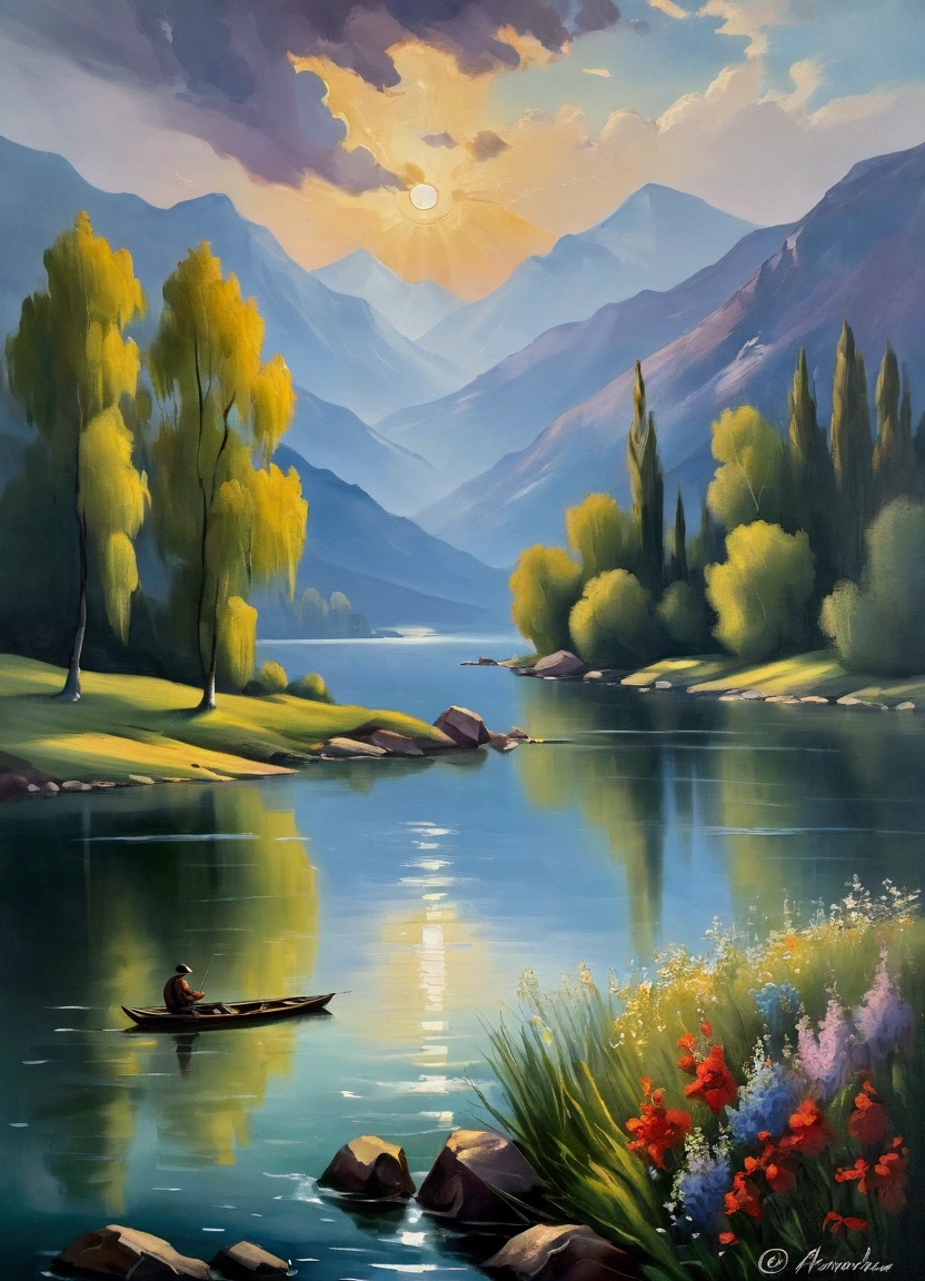 traditional oil paintings, A peaceful lake，Calm waters，Mountains in the background，Misty atmosphere，Sunlight through the clouds，Wildflowers around the lake，A  man standing on the shore fishing scene，Natural Tones, Superb composition，Elegant simplicity，Smooth Shadows, meditative mood，masterpiece, best quality,((Inspired by: Charles Camoin ))