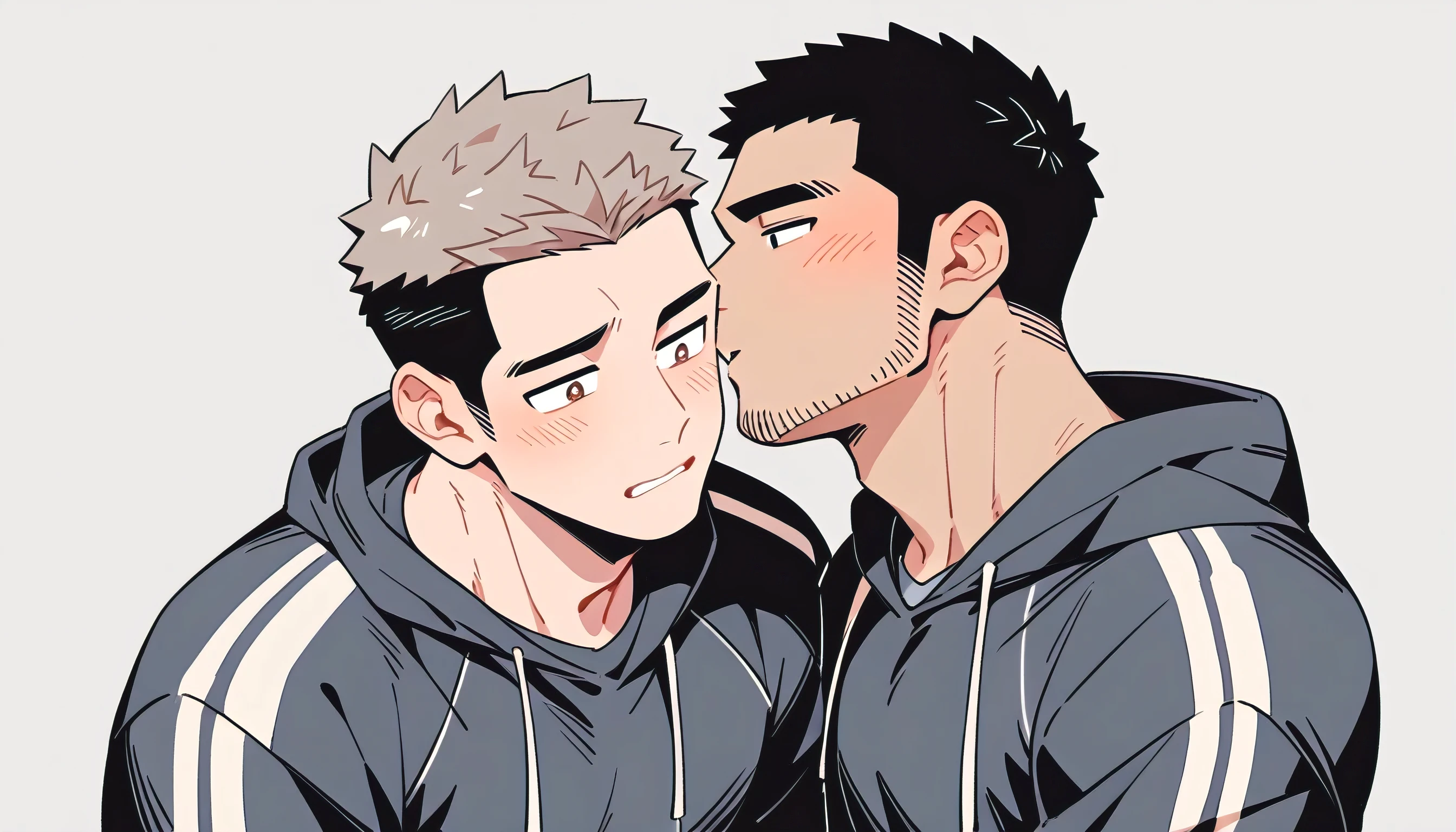 anime characters：Priapus and Dark-skinned muscular athlete, They hugged each other, kiss, Buzz Cut, Manliness, male focus, Sports tight hooded sweatshirt, Very tight, full and perky chest muscles, muscular male, muscular, only, Upper body, alone, Black short hair, Thick eyebrows, stubble, Brown-red pupils, Dark Grey background, simple background, amazing quality, best aesthetics, Ridiculous, crew cut, parted lips, flustered, endured face, shy, blush, negative space, negative space, best quality