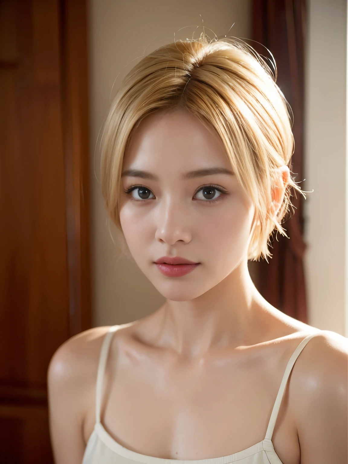 (Realistic:1.4)、(超Realistic:1.4)、(Realistic:1.3)、(Gentle lighting:1.05)、(Improving cinema lighting:0.9)、32K ...、（Blonde Short Hair:0.9）one person&#39;s、Realisticな照明、Backlight、Ray Tracing、(Image Enhancement:1.4)、(Highest Quality Real Skin:1.4)、(Beautiful skin texture: 1.1)、（Japanese:1.2）、（Black latex suit 1.5）、Shoulder out、Underarm、Black latex gloves、（standard body type:1.2）、Curvaceous body, White Background, big, Every detail