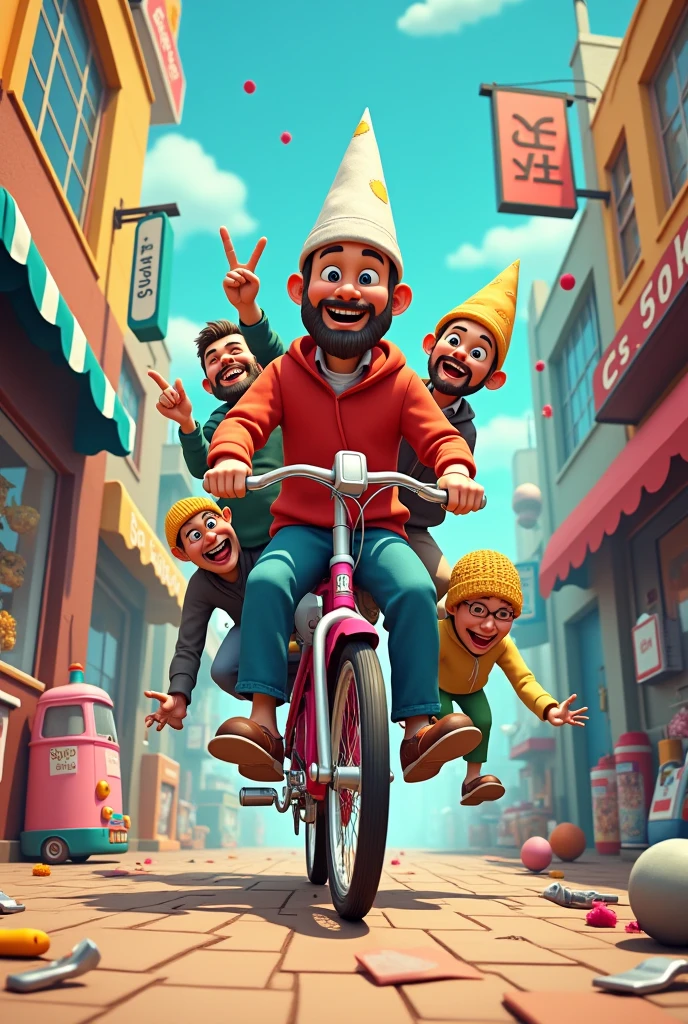 Wise animated shoppers, riding in tiktok bicycle, hunted with necessity, tools, appliances and etc. 