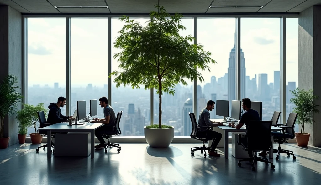 High-quality photograph of a web development studio with a modern minimalist design. The interior includes concrete, tree, plants and panoramic floor-to-ceiling windows. The office is located on the 81st floor in New York.. A couple of tables with monitors and chairs. Programmers and designers are at their workplaces.