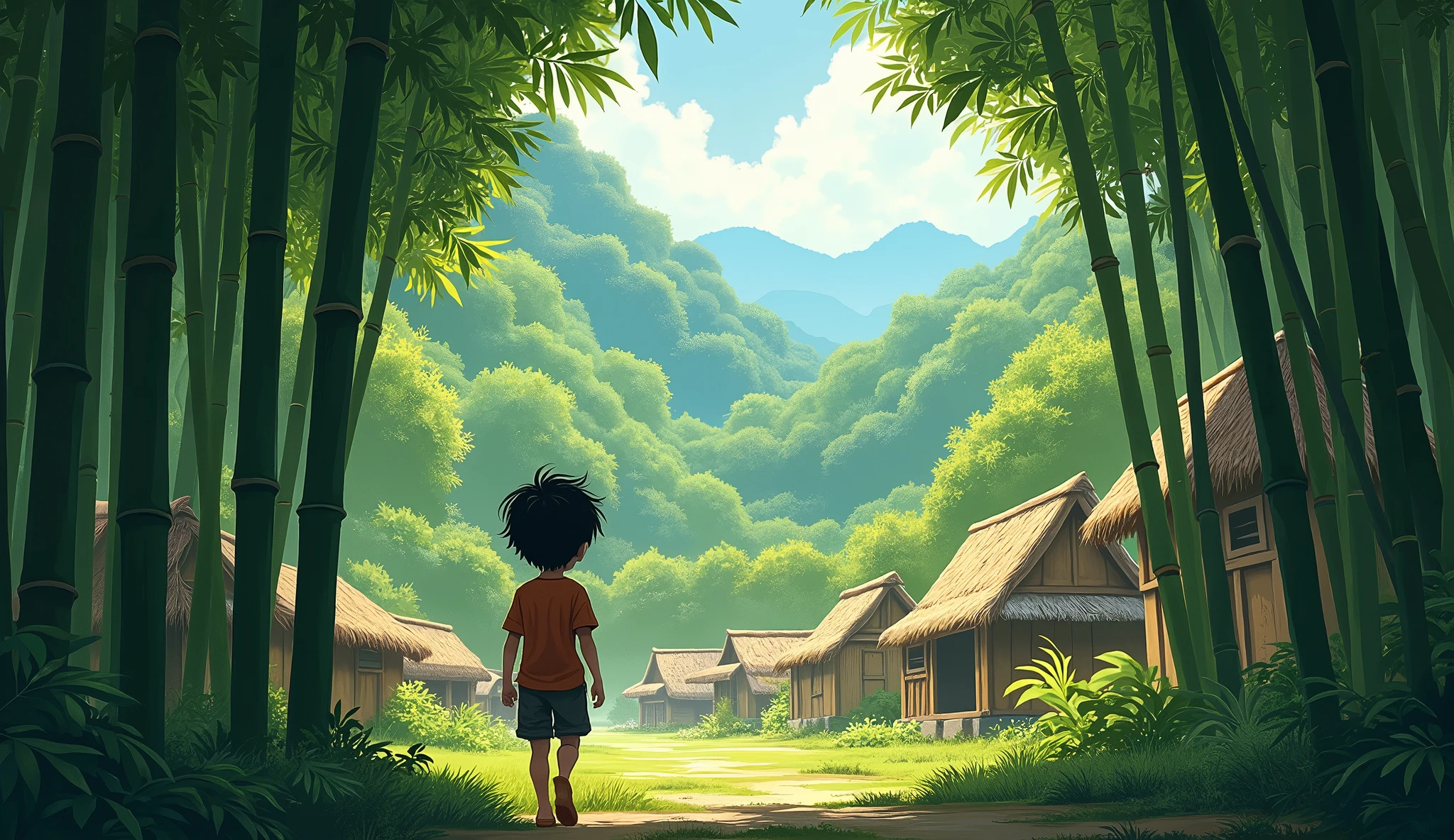 The Quiet Village and Bamboo ForestA small, peaceful village surrounded by towering bamboo trees at the edge of a vast forest. A young boy, around , with dark hair and simple clothing, is walking curiously towards the forest. The scene has soft, warm sunlight filtering through the bamboo, casting long shadows on the ground.
