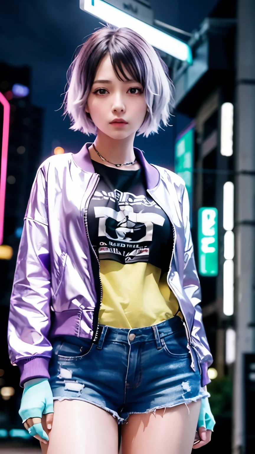 (masterpiece, highest quality, high resolution, 8k:1.2), highly detailed face, detailed CG,purple hair, purple eyes,short hair,big breasts,
(Silver jacket, T-shirt, shorts, cyberpunk style, night city, neon lights:1.2), stylish pose, stylish angle, looking at the viewer, in the center of the image,cowboy shot, detailed eyes, symmetrical eyes,

