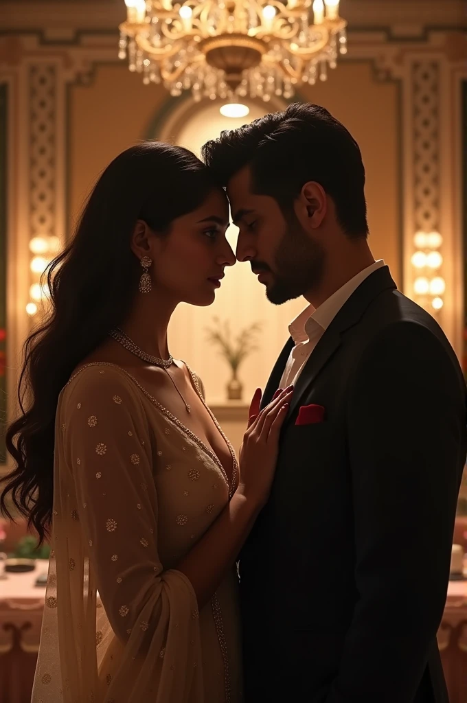 Create an image of an indian girl Saranya living in Valery Kogan's Caesara mansion. Saranya put her hand on Syed Saddiq chest and look into his eyes. Syed Saddiq picture must be real.