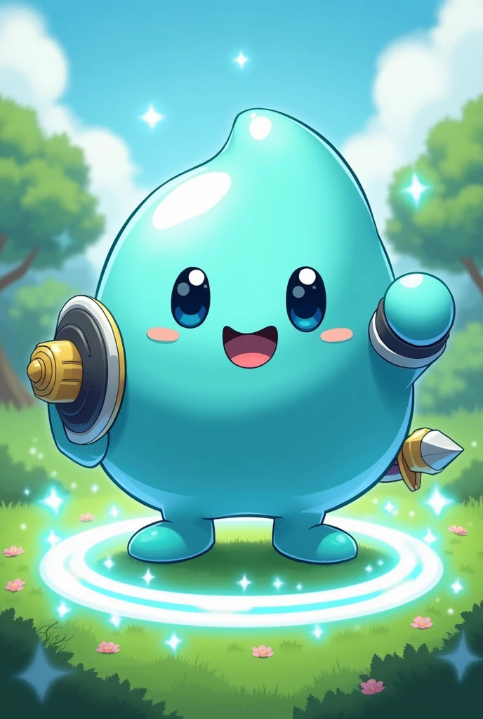 Big slime、Squishy、light blue、Puyo Puyo、grassland、Bouncing、equip sword and shield、Big Eyes、magic circle、Light properties