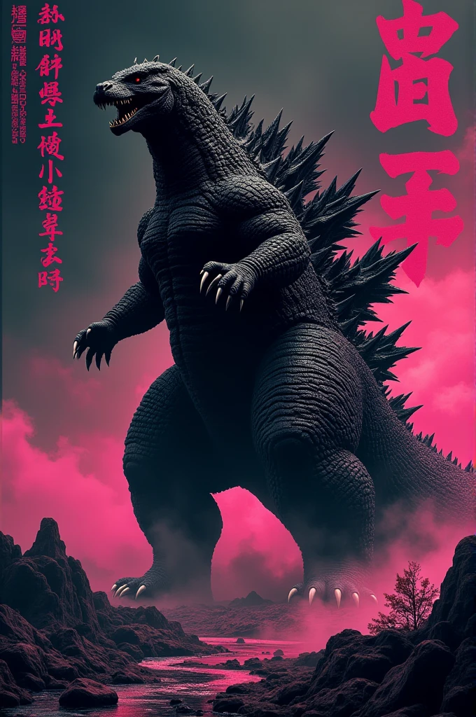 Godzilla wallpaper with black and pink theme with side wordings of Godzilla in Japanese