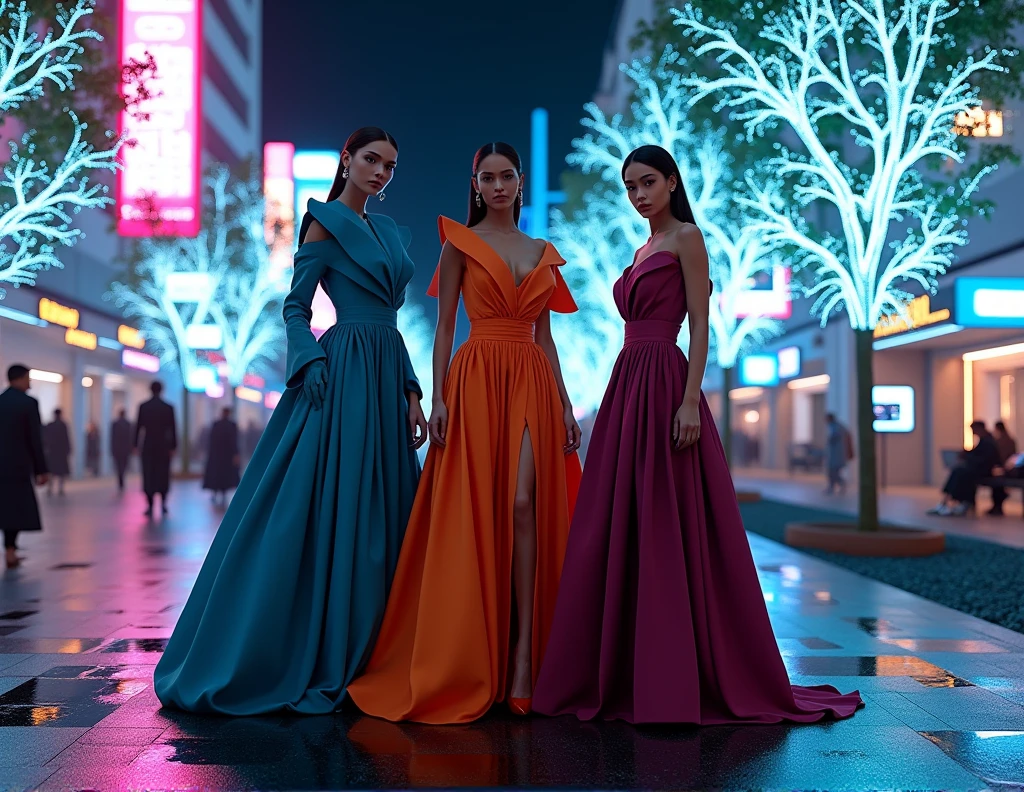 A high-resolution photorealistic image depicting an avant-garde, AI-generated couture collection that blends bold natural colors with cutting-edge designs. The collection features dramatic silhouettes with oversized shoulders, sculptural skirts, and asymmetrical hems in deep blues, rich burgundies, and forest greens. Sustainable fabrics such as 3D-printed recycled polymers and bio-fabricated materials replicate luxurious textures like velvet and satin. The outfits include tech-infused fabrics that change color with movement, such as a gown shifting hues from forest green to deep blue and a jacket with LED-embedded patterns pulsing in rich burgundy. Set against a futuristic urban backdrop at night, the cityscape is illuminated by neon signs and digital billboards, with sleek, metallic architecture surrounded by digital trees with glowing leaves. Neon pinks, electric blues, and pastel highlights create a striking contrast against the outfits, featured in street art and digital accents like butterflies and flowers. Models strike dynamic poses, with sharp lighting emphasizing the bold structures and colors of the garments. The scene is alive with energy, using reflections from puddles, glossy surfaces, and holographic elements to enhance the visual impact. AI-generated street elements like smart benches and kiosks respond interactively to the models, further blending the line between fashion, nature, and technology.