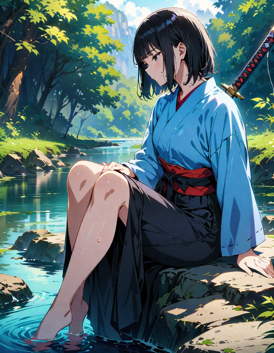 One young and beautiful woman,(Highest quality,Extremely detailed depiction,Incredibly absurd high resolution,Anatomically accurate depiction,Curvy Legs,Shiny skin),(Anime samurai girl),(Blue kimono,Black Hakama,A sword is hanging from his waist),eyelash,(Black Eyes,Black Hair,Half-closed eyes:1.3,Sweat,whole body,Sitting on a rock and fishing:1.5,),Anime Art,Side view,background:Riverside,Natural Light