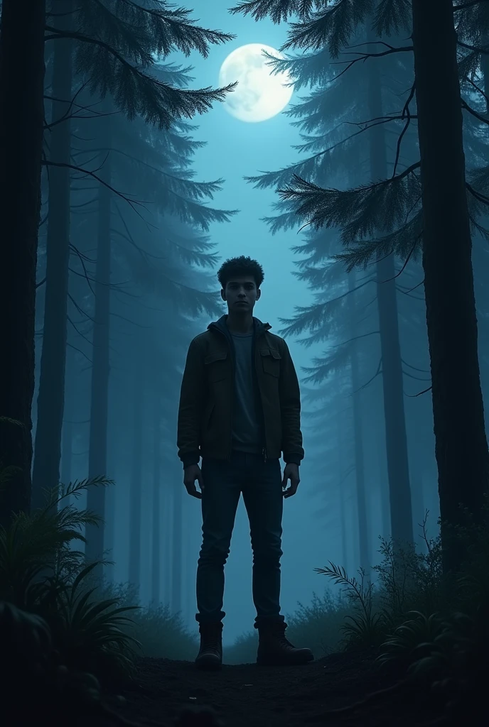 A young man standing in the forest in night