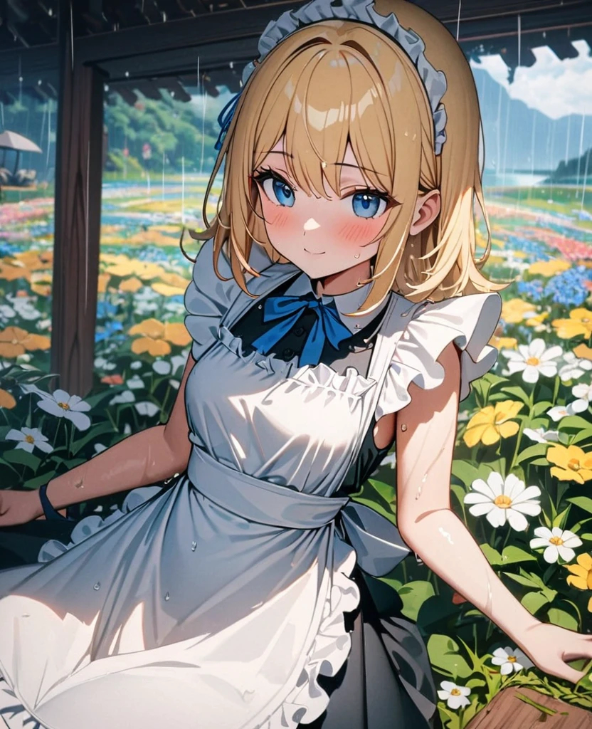 (8k, super high quality, masterpiece), (detailed), One Woman, Small breasts, blonde, cute, A little longer, Blue ribbon, Apron dress, Maid clothes, Fantasy, Paradise, wood, Flower Field, rain, 天気rain, sunny, Wet, Date, Childlike, The best smile,