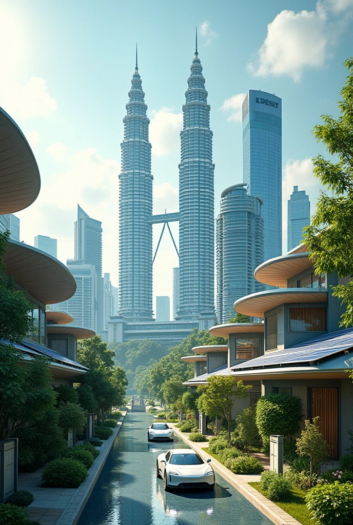 Create me a very cool town that is in Malaysia but there's a lot of solar panels that are powering the huge tall and small buildings with the twin Petronas towers and make the cars a little bit futuristic and make the houses more modern futuristic.MORE HOUSES