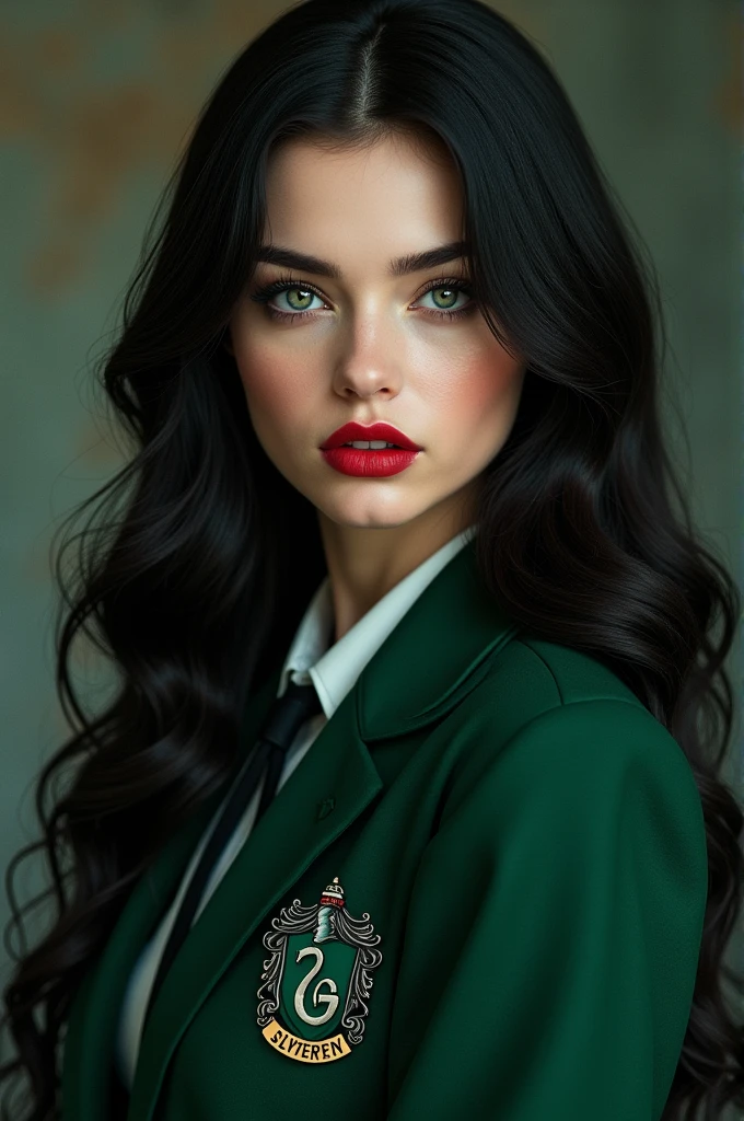 Beautiful young woman, porcelain skin, white skin, full red lips, (black, long, wavy hair) intimidating gray eyes, dressed in the Hogwarts Slytherin uniform