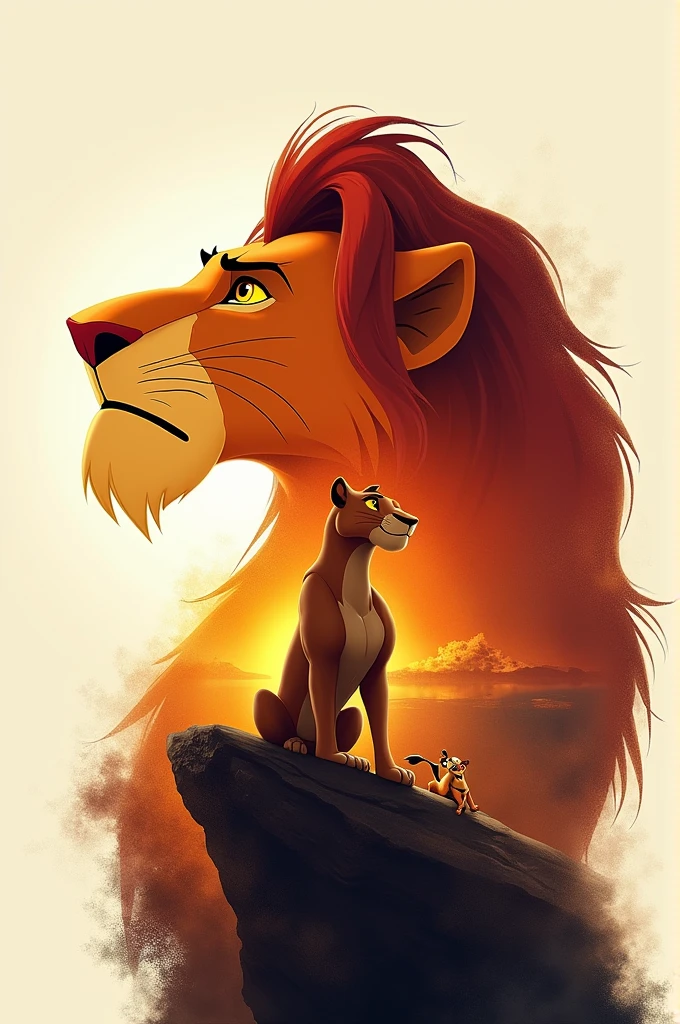 Make a double exposure photoshop poster of the Lion King movie that has Mufasa in it, Timon and Pumba 

