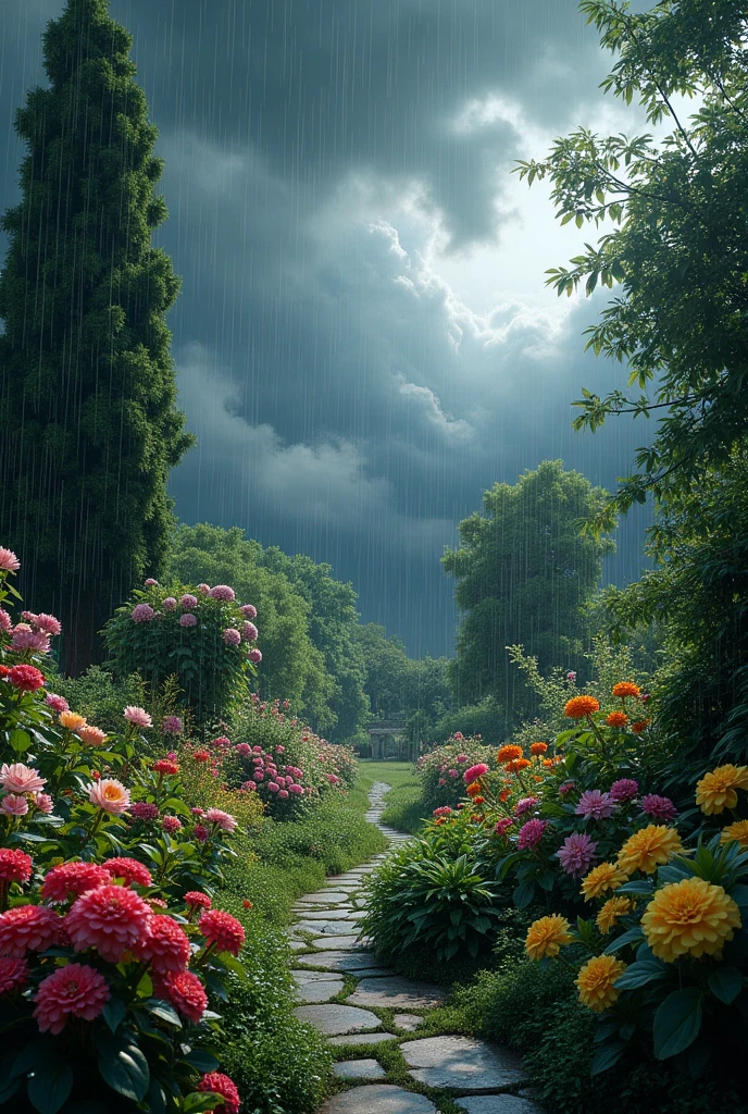 (photorealism:1.2), beautiful Garden with thunderstorm in background