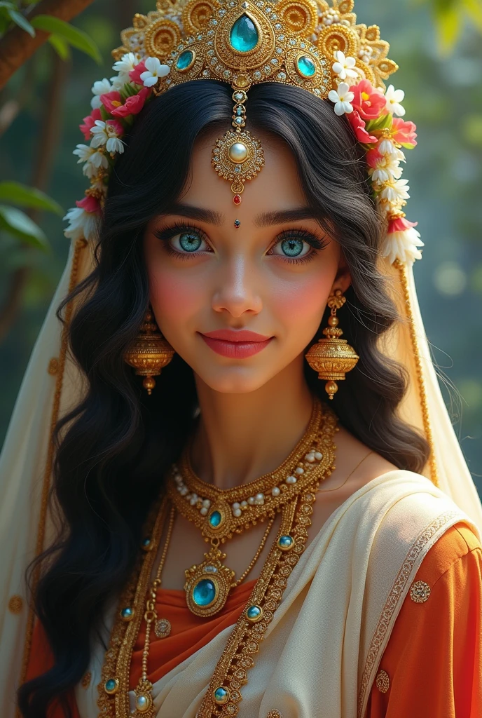 Shree Radharani accirding to scriptures with shining blue eyes like sun