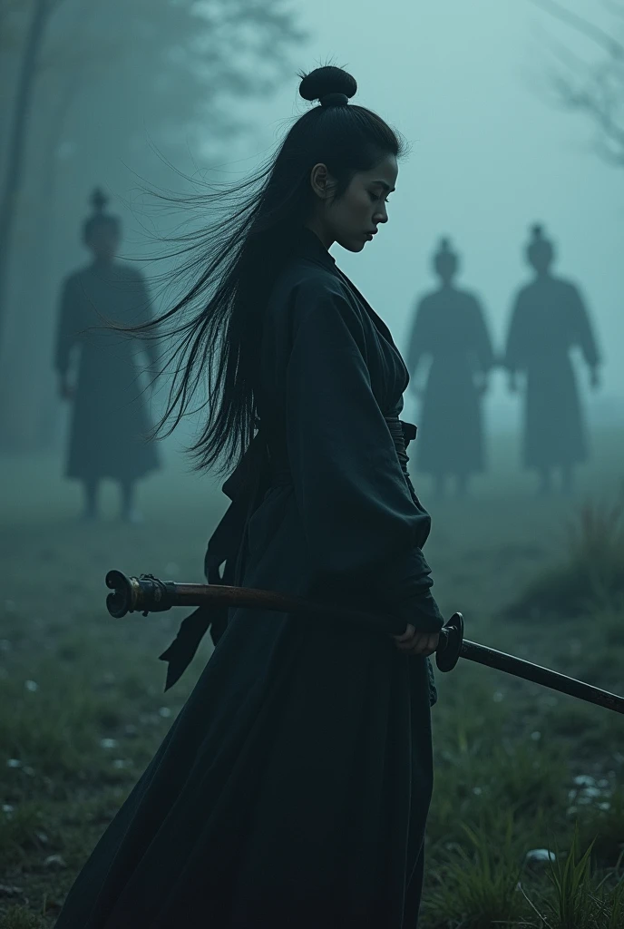 samurai girl,There is a group of shadows behind,Long hair,FOG,wind,night,noon,bamboo,Grass on the ground,Mud on the ground,Film Grain,,traditional japanese art,East,Movie,,Ghost of Tsushima,Handmade,新艺术wind格,detailed, Sexy, nsfw detailed beauty face, full-body shot