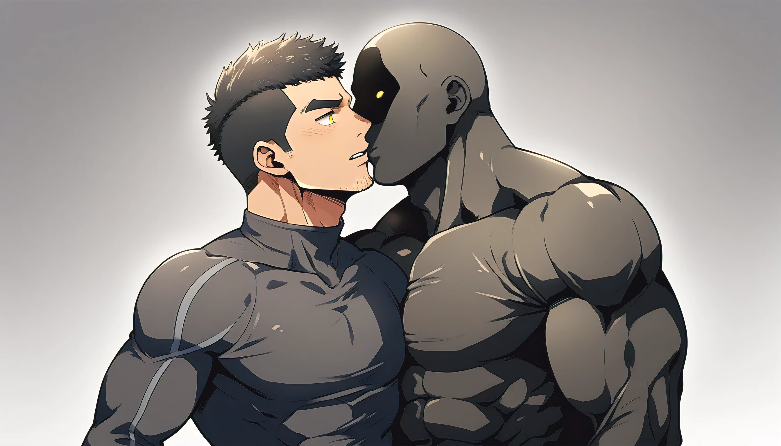 anime characters：Two superheroes in tights, Muscle Sports Student and Muscle No Face skinhead superhero, No Face, negro black skin, They hugged and kissed each other, Bite your neck, Caress, Manliness, male focus, Yellow and black high collar long sleeve tight T-shirt, Slightly transparent material, Very tight, Round, full and perky chest muscles, Muscle waist, Slightly transparent, muscular male, muscular, only, Upper body, alone, Black short hair, Thick eyebrows, stubble, Yellow eyes, Grey background, simple background, amazing quality, best aesthetics, Ridiculous, bright pupils, crew cut, parted lips, embarrassed, endured face, shy, best quality