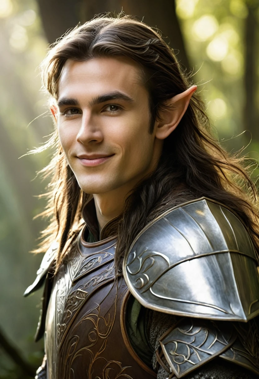 Create a high-quality image of a young beautiful, charming and smiling young male elven warrior, clad in fine leather elven armor. The elf should have sharp, angular features, with piercing, determined eyes and long, flowing hair that partially covers his pointed ears. His posture is confident and poised, ready for battle. The background should depict a dense, ancient forest near a river, with beams of light filtering through the trees, highlighting the warrior's presence. The atmosphere should convey a sense of strength, agility, and otherworldly grace