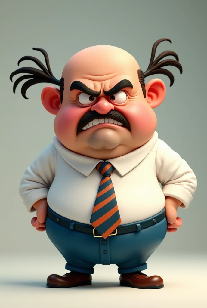 a cartoon guy that is a angry boss, (colorful design:1.4), (Disney style),(pixar style:1.5), bald with a big nose and big mustache,your shirt is white and your pants are blue, he wears a striped tie, has only two hairs, your nose is thin and creased and goes down from the eyebrow ,her body is small and she has thin legs, your eyebrows are thick and expressive, your body is shaped like the minions,your ears are red with anger,