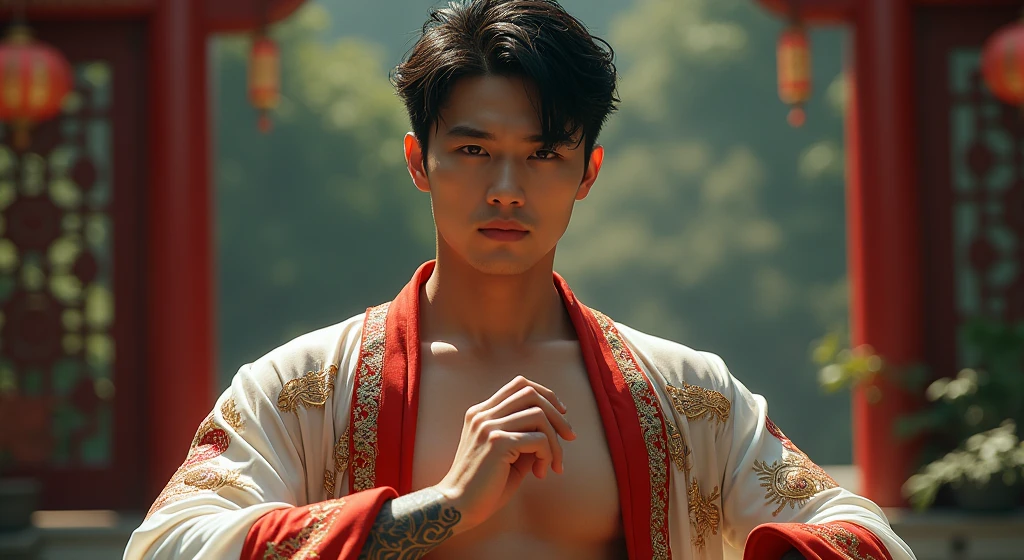 asian, hansome chinese actor, kpop idol, handsome male model, manly, masterwork, best picture quality, higher quality, high detail, super high resolution, 8k resolution, perfect eyes, perfect skin, male jaw, manly chin, perfect hands, big muscles, bare chest, chest tattoo, tattooed hands, tattooed arms, glowing eyes, short hair, hair detail, detailed background, transparent hanfu open jacket, (red and gold outfit with silver decoration)), Chinese garden background, Chinese kung fu, dragon themed costume, monk's robe, par 