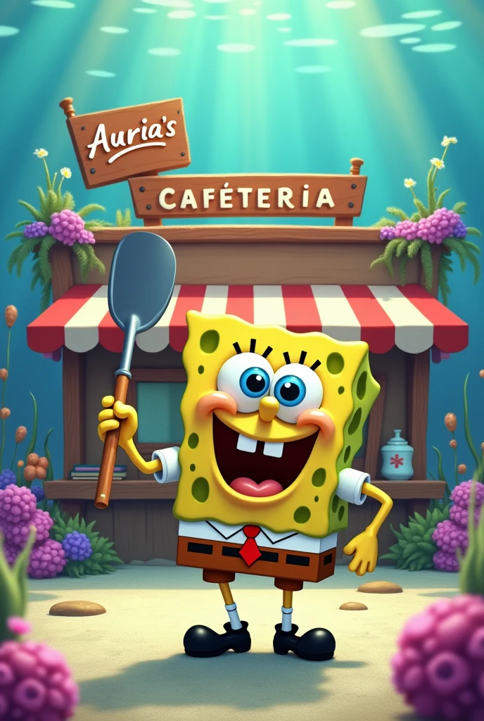Photos of Sponge Bob with a spatula in front of Sister Auria&#39;s cafeteria 
