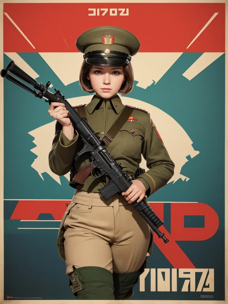 best quality,masterpiece,highly detailed,ultra-detailed, 1girl,cityscape, ussr soviet umion, propaganda, poster, army, beaurty Russian girl, Russian army uniform,realistic, woman holding a big ass gun standing in uniform against red background with her back to us, 1girl, solo, weapon, gun, hat, midriff, beret, rifle, shorts, fighting pose,Propaganda Poster, Soviet Propaganda,nsfw