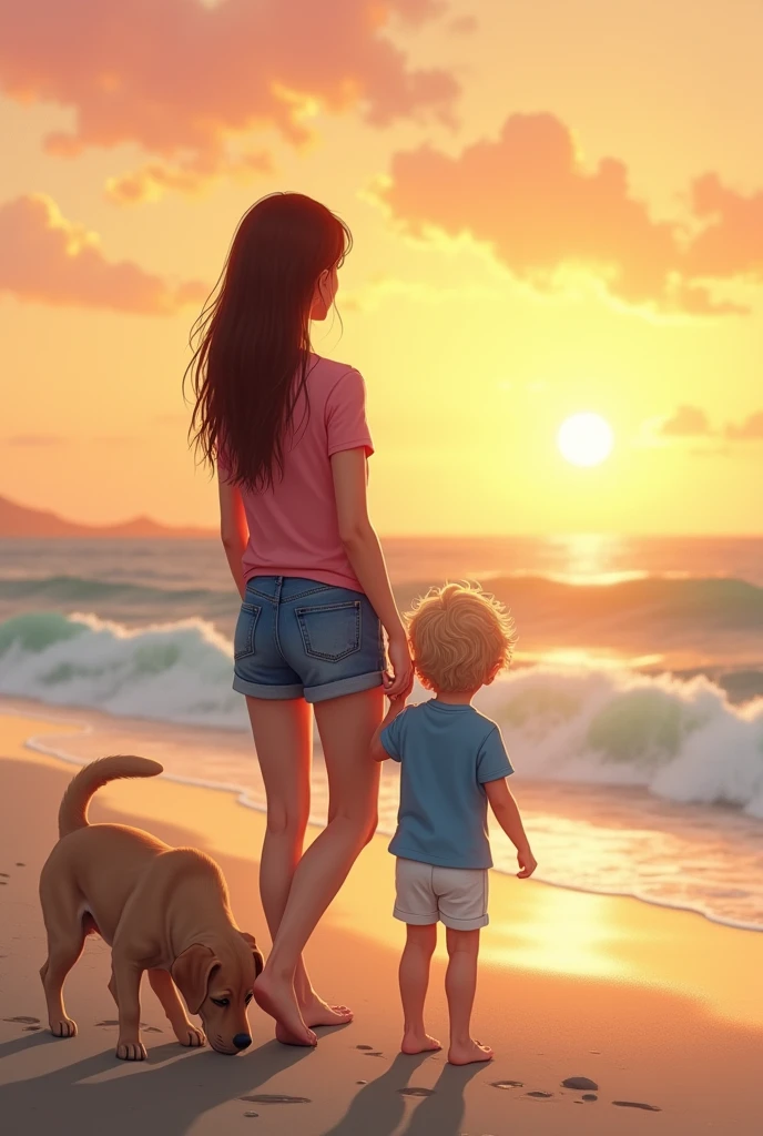 Create a light brown woman image, long straight brown hair, she is wearing jean shorts and a pink blouse. Next to a , blond, curly hair, big and messy, wearing blue shirt and white shorts, he has 0,97 cm tall. Both are back to back looking at the sea on the beach at sunset. With them an adult-sized chocolate labrador, playing in the sand.