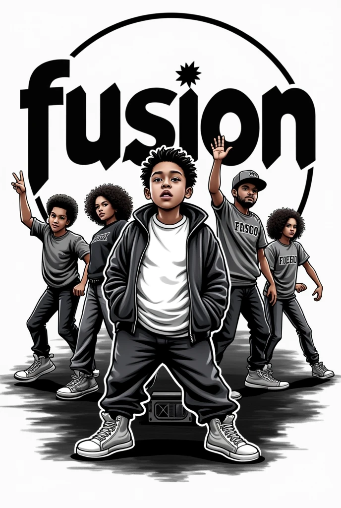 t-shirt layout for hiphop that have a text says " FUSION ". theres a boy thats chubby in the middle and a girl and boy group of dancers and a radio. black and white color