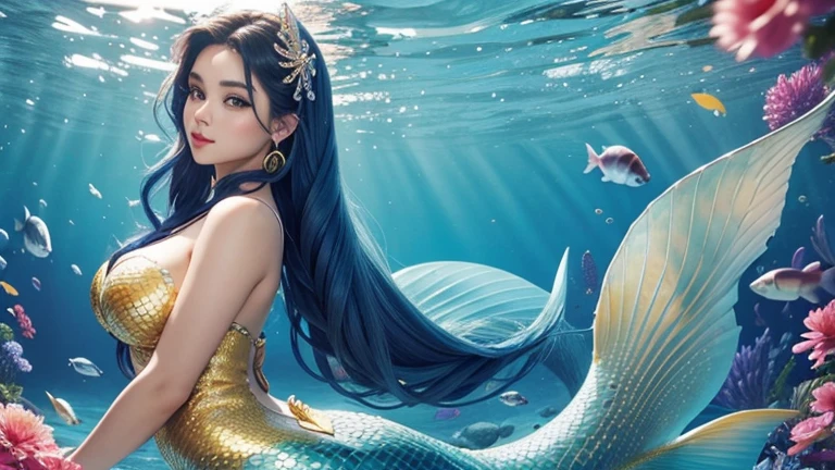 Perfect mermaid with a very beautiful perfect fish tail, beautiful and perfect face, She has a very pretty hair ornament with beautiful curves.