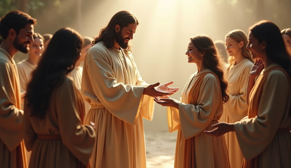 make an image of Jesus Christ according to the Catholics of Brazil, he is extending his hand towards a woman as if he were blessing her, ultra realistic image with zoom approaching in 16:9