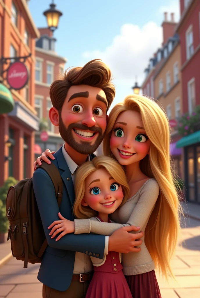 Blonde child , blue eyes very long hair hugging her father, brown hair and eyes and her mother blonde green eyes long hair taking a selfie on the streets of London Disney pixar 