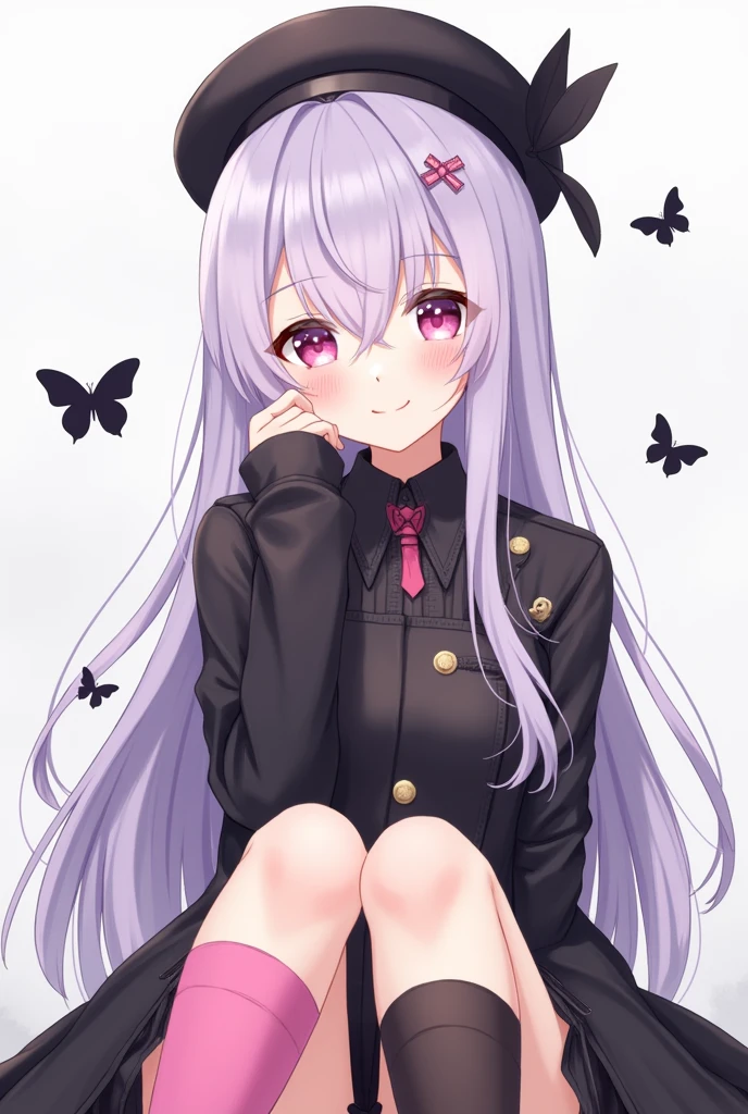 An anime-type girl with white skin, Her hair is straight and long, reaching her waist., The color of her hair is light purple, She has a smiling expression with a slight blush and her eyes are light pink., He has a black beret, and has a black jacket with a short black shirt, has long socks, Her right sock is completely pink, and her left sock is pink and black, He also has some black butterflies next to him
