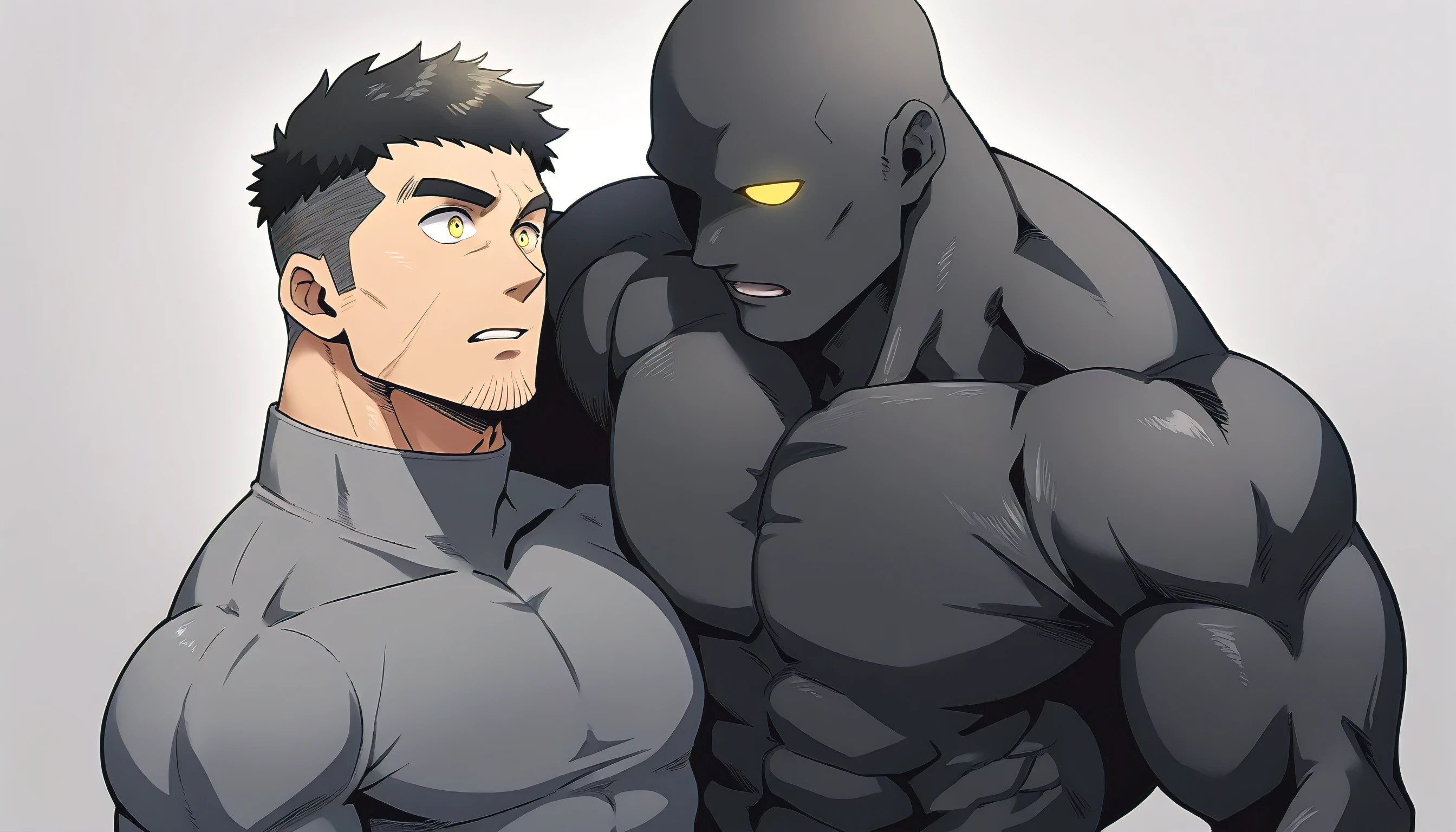 anime characters：Two superheroes in tights, Muscle Sports Student and Muscle No Face skinhead superhero, No Face, negro black skin, They hugged and kissed each other, Bite your neck, Caress, Manliness, male focus, Yellow and black high collar long sleeve tight T-shirt, Slightly transparent material, Very tight, Round, full and perky chest muscles, Muscle waist, Slightly transparent, muscular male, muscular, only, Upper body, alone, Black short hair, Thick eyebrows, stubble, Yellow eyes, Grey background, simple background, amazing quality, best aesthetics, Ridiculous, bright pupils, crew cut, parted lips, embarrassed, endured face, shy, best quality