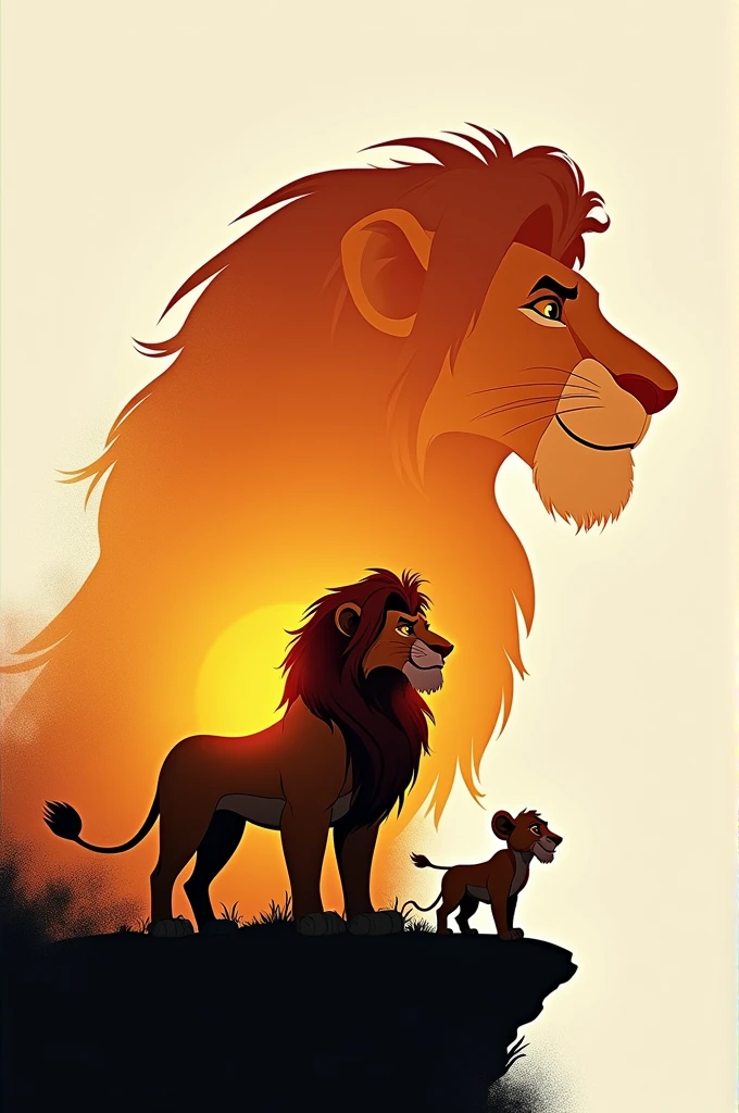 Make a double exposure photoshop poster of the Lion King movie that has Mufasa in it, Timon and Pumba 
