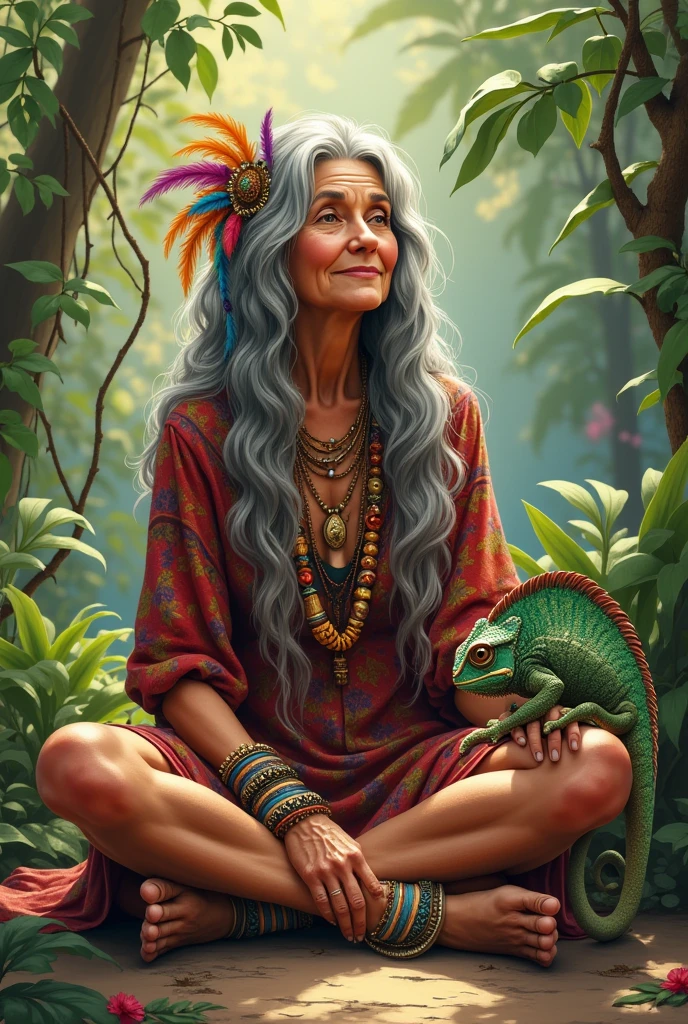 67 year old senior woman hippy bohemian spending time with her chameleon
