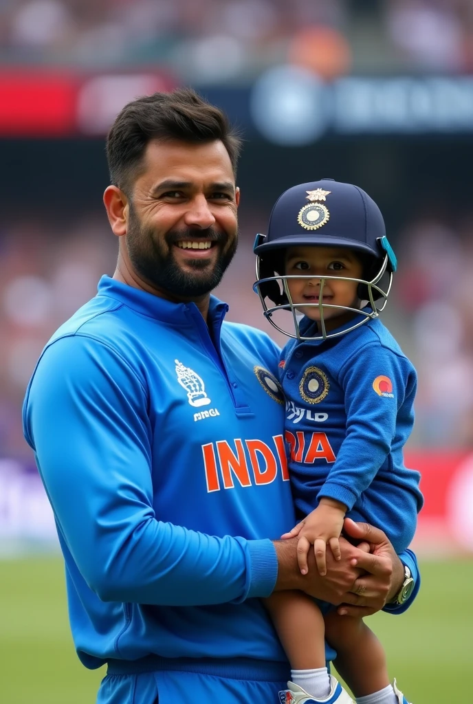 A men hold a 2 year baby in Indian cricket team blue color jersey and cricket helmet