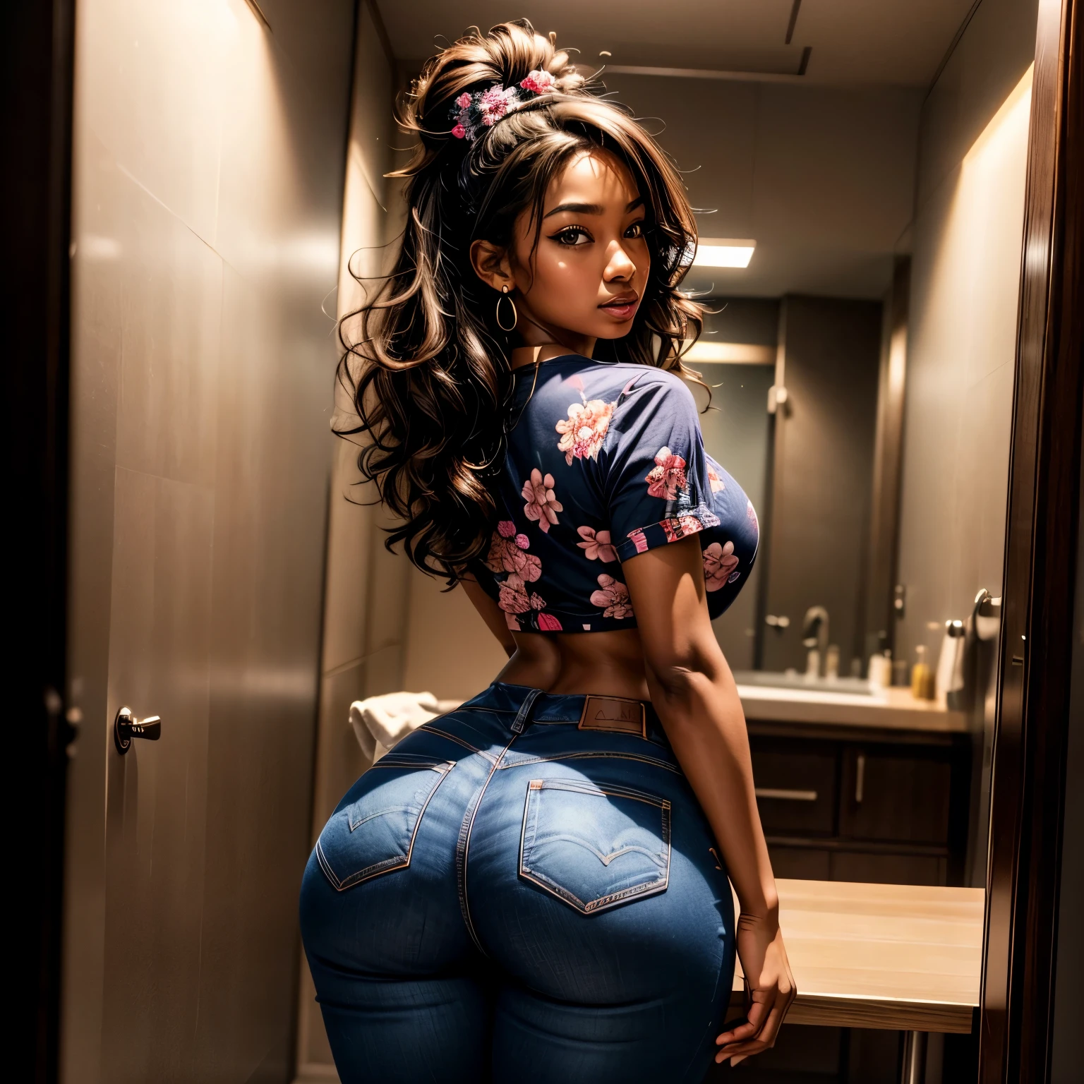 
in bathroom, taking selfie, Masterpiece, high quality, 1, high resolution, volumetric lighting, subsurface scattering, 8k, Beautiful woman, (dark skin), phillipino, college student, uniform, (floral top, jeans), cleavage, wavy hair, headband, hoope earings, classroom, sexy pose, seductive pose, ((slim thick body:1.2)), thick thighs, round-butt, open mouth, big lips, Masterpiece, Professional lighting, 16k, 8k wallpaper, raw photo, photorealistic:1.8, ultra detailed, natural lighting