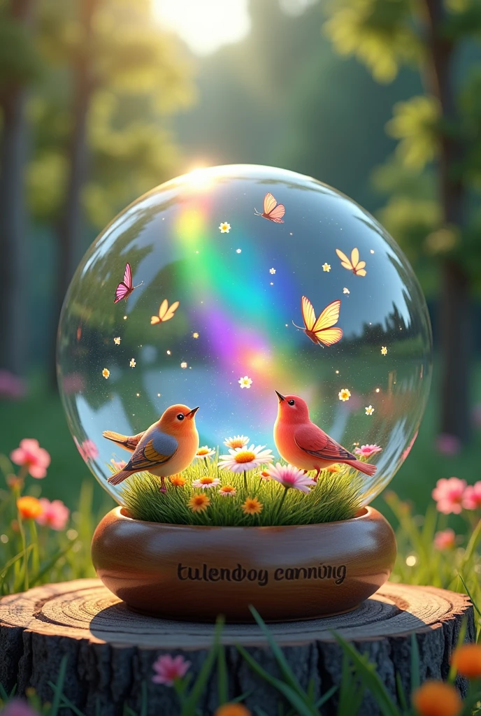 3d image in the evening atmosphere of a glass ball, rainbow light, colorful birds in a meadow full of flowers, butterflies flying around flowers. trees, drawings, high resolution. The glass ball was placed on a wooden base clearly engraved with the name 'GOOD MORNING"