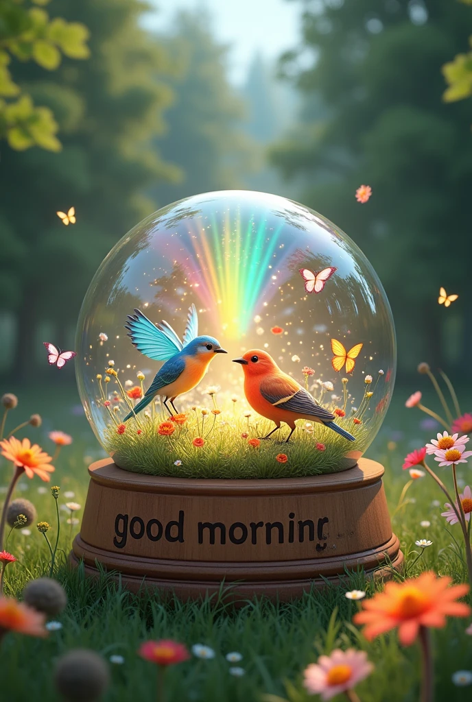 3d image in the evening atmosphere of a glass ball, rainbow light, colorful birds in a meadow full of flowers, butterflies flying around flowers. trees, drawings, high resolution. The glass ball was placed on a wooden base clearly engraved with the name 'GOOD MORNING"