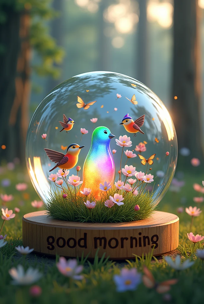 3d image in the evening atmosphere of a glass ball, rainbow light, colorful birds in a meadow full of flowers, butterflies flying around flowers. trees, drawings, high resolution. The glass ball was placed on a wooden base clearly engraved with the name 'GOOD MORNING"