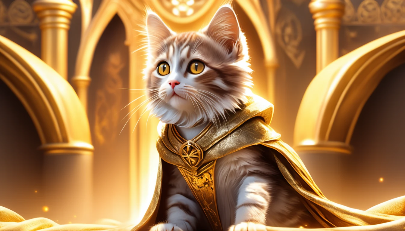 Fucking: Anthropomorphic brown tabby kitten with golden eyes, Set in medieval Europe, Wearing luxurious robes. Cinematic dramatic movie scenes with fantasy art, Realistic style. Atmospheric particles, detailed, Full Frame, 8k resolution.