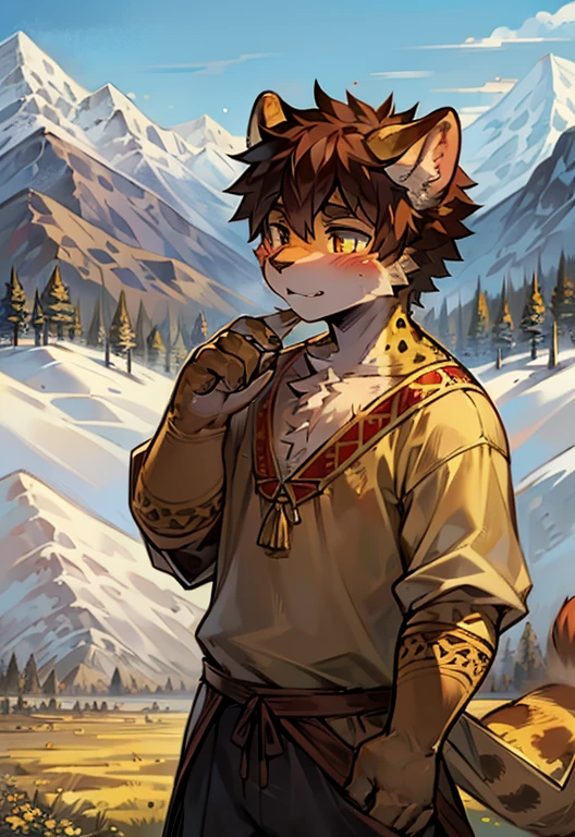 1 boy, Beast field, based pixiv, (Cheetah Boy, Hairy body:1.2, Solitary), young people, Face, Animal nose, Fluffy tail, shaded fur, Shy:0.3, Mountain, Trees in the background, Roman style clothing,