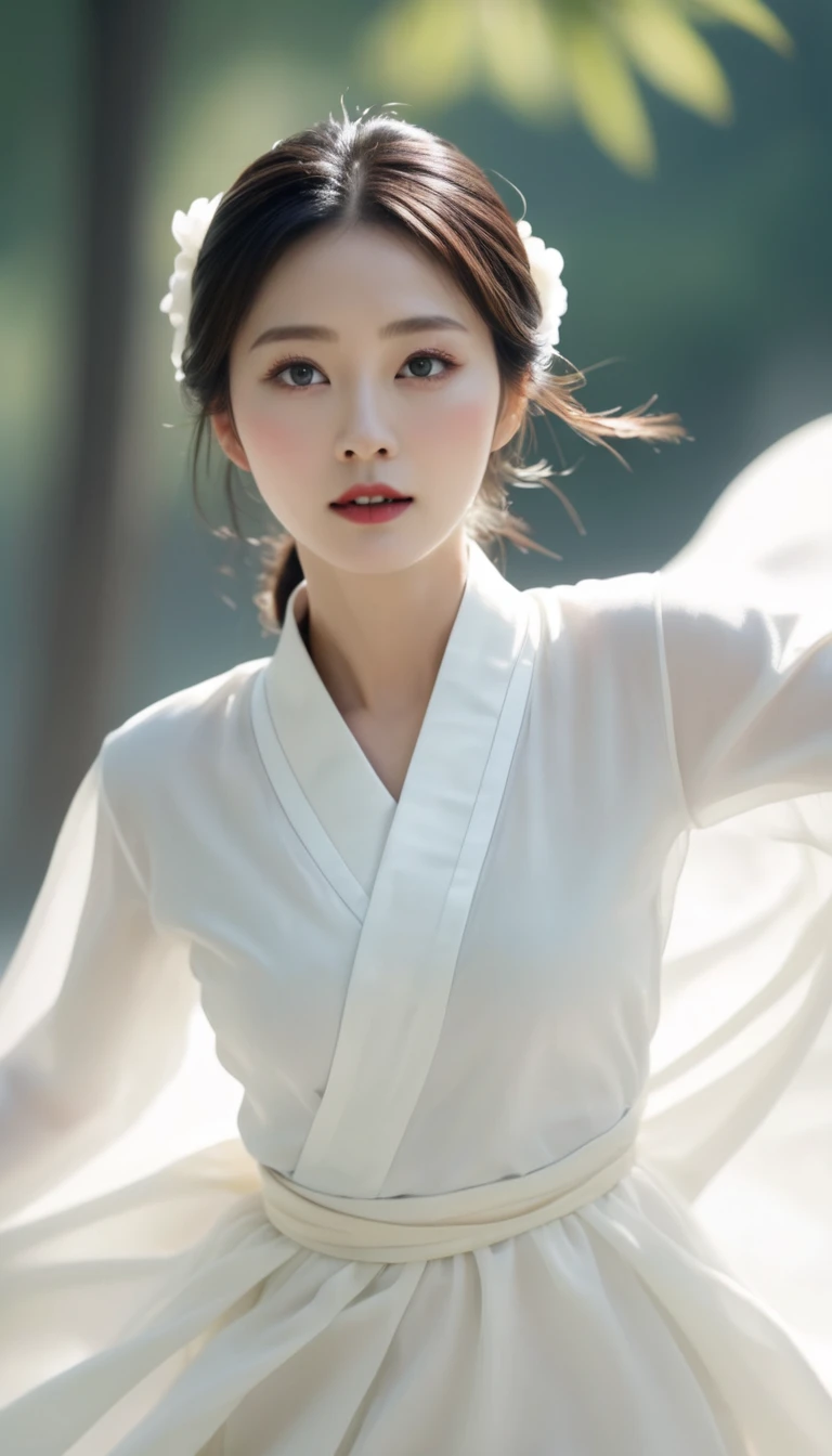 Beautiful woman, (Motion Blur:1.3), An unusually beautiful face, A woman dressed in an elaborate pure white hanbok,  Flying like in Chinese movies, In ancient China, Professional fashion photo shoot,Ultra-high resolution, 4K