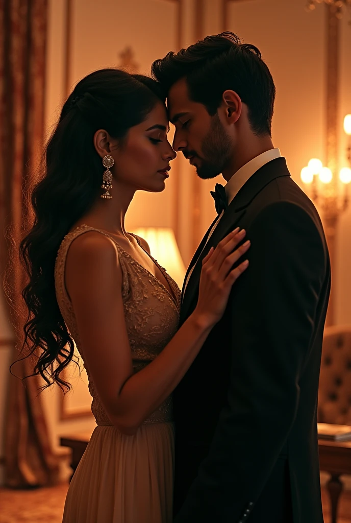 Create an image of an indian girl Saranya living in Valery Kogan's Caesara mansion. Saranya put her hand on Syed Saddiq chest and look into his eyes. Syed Saddiq picture must be real. He is a Malaysian politician