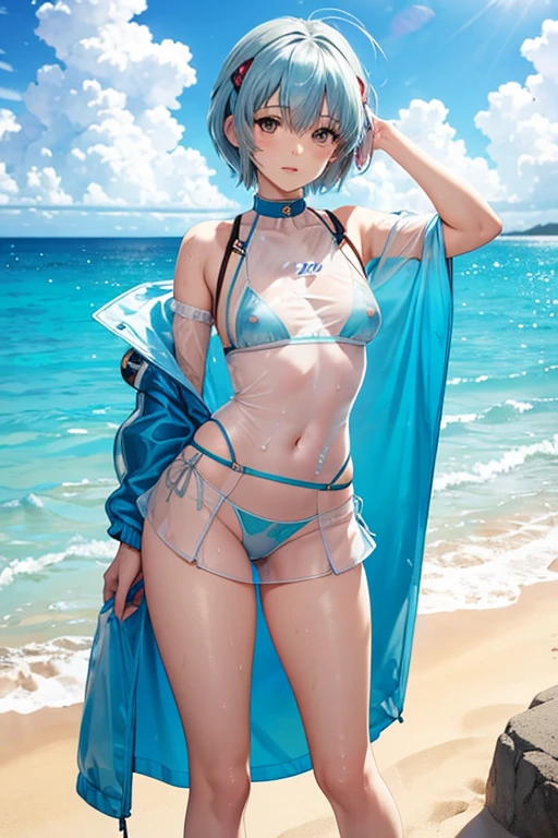 Rei Ayanami, Swimwear, Translucent jacket, Ultra mini skirt, Semi-transparent skirt, See-through costume,  Sweat, Panties, See-through nipples, Ocean, Sandy Beach