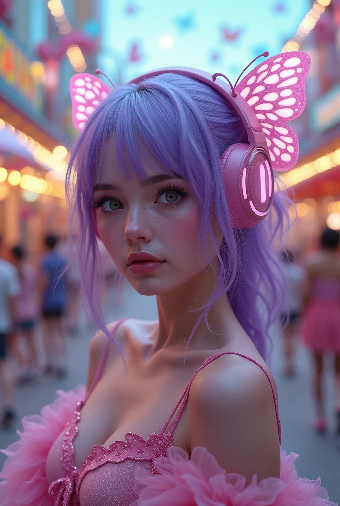 Korean purple hair butterfly woman with headphone and pink glitter dress and white pink hair man in amusement park