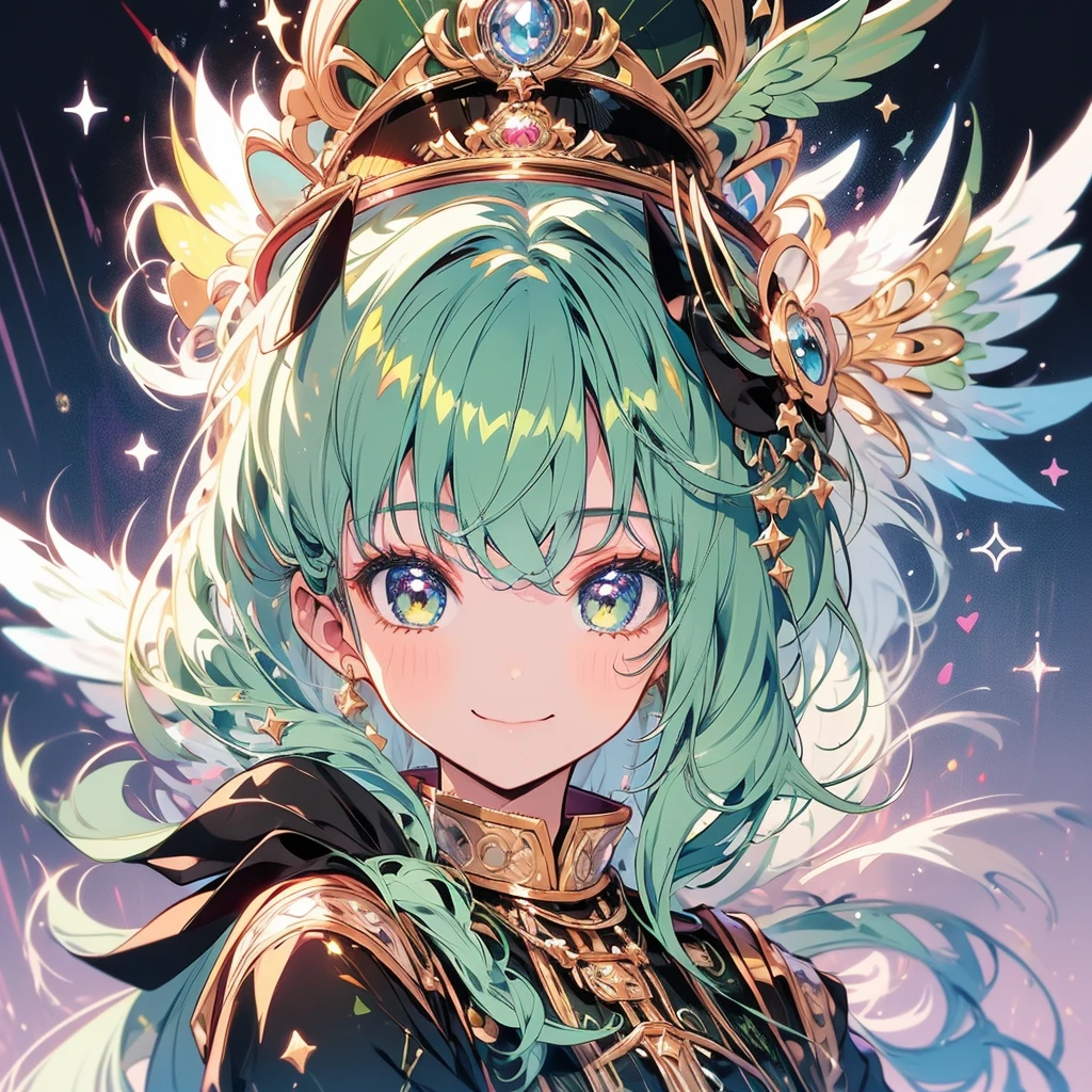 Masterpiece,Green Hair、Gabriel、Detail eyes、smile,(((White wing)))、Gold eyes,Black hat ,wearing european antique clothes,Upper Body, Star background