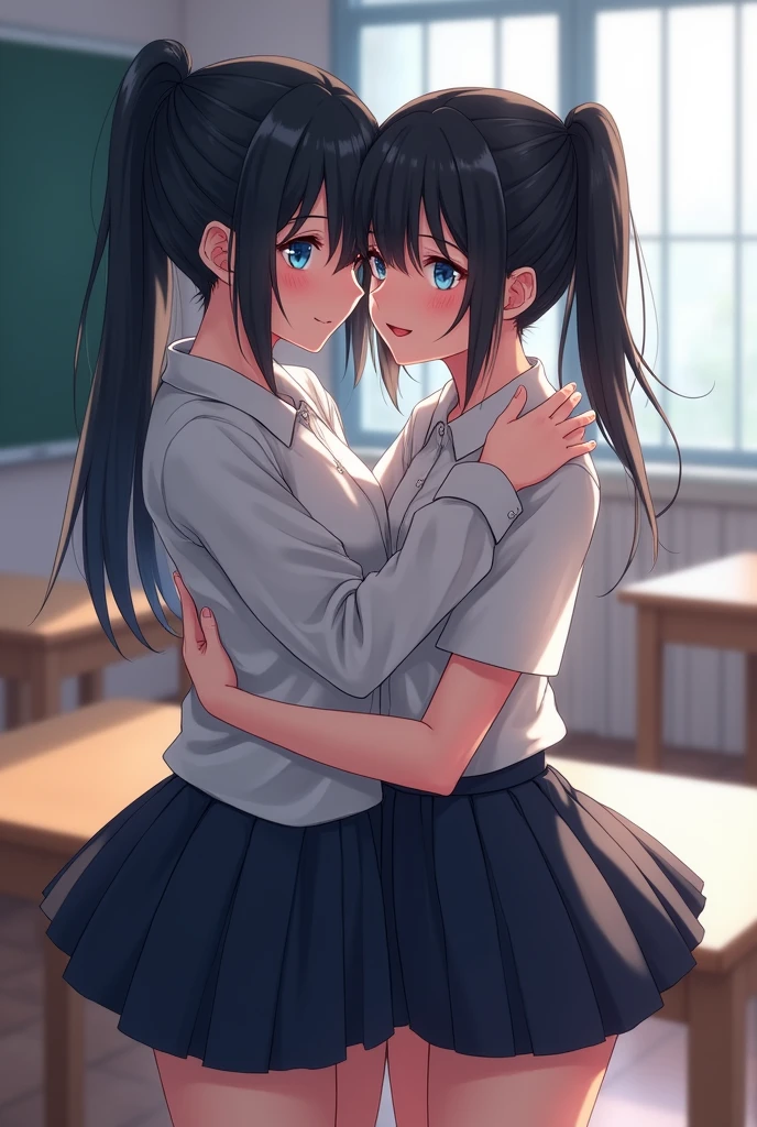 ((2 girls,))  18 years of age,  one pinned against a wall with her arms above her head,one lifting her skirt, panties showing, both looking deeply into each other eyes,  seductive looking, 