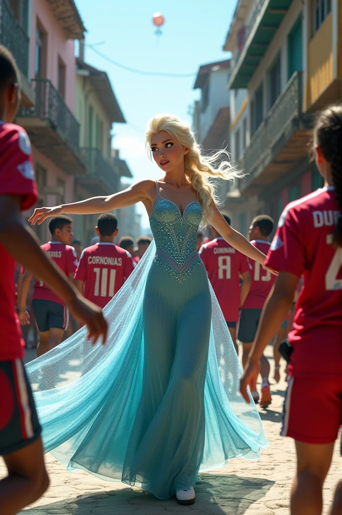 Elsa Frozen, dancing in the favela of Rio de Janeiro with friends wearing Corinthians shirts and a gun in their pockets